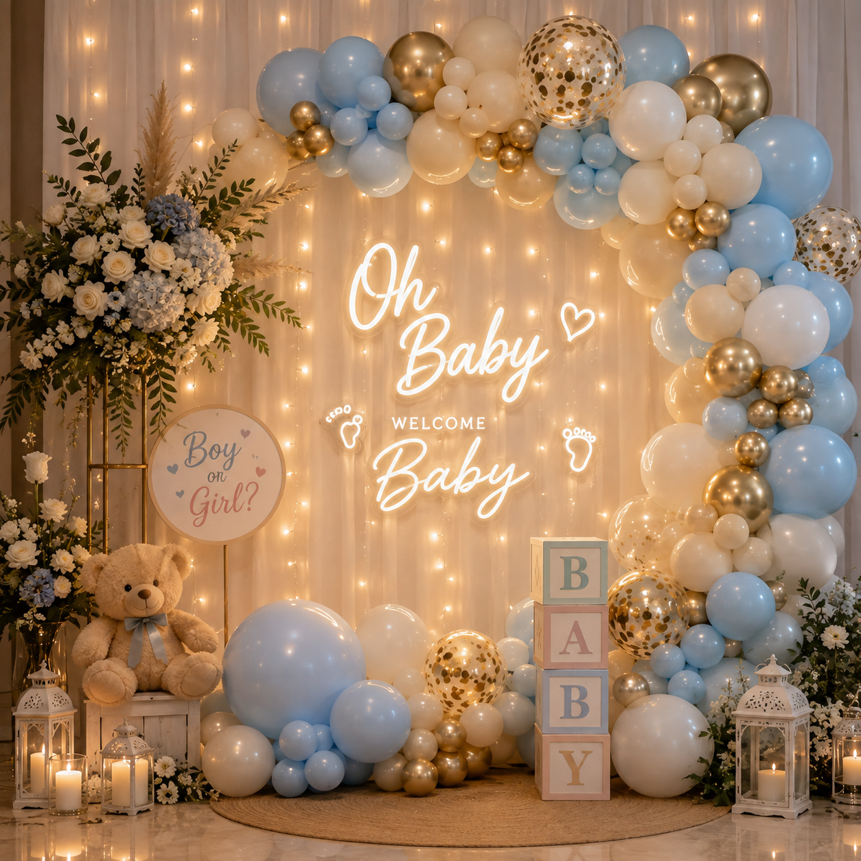Baby shower balloon decoration Mumbai gold theme