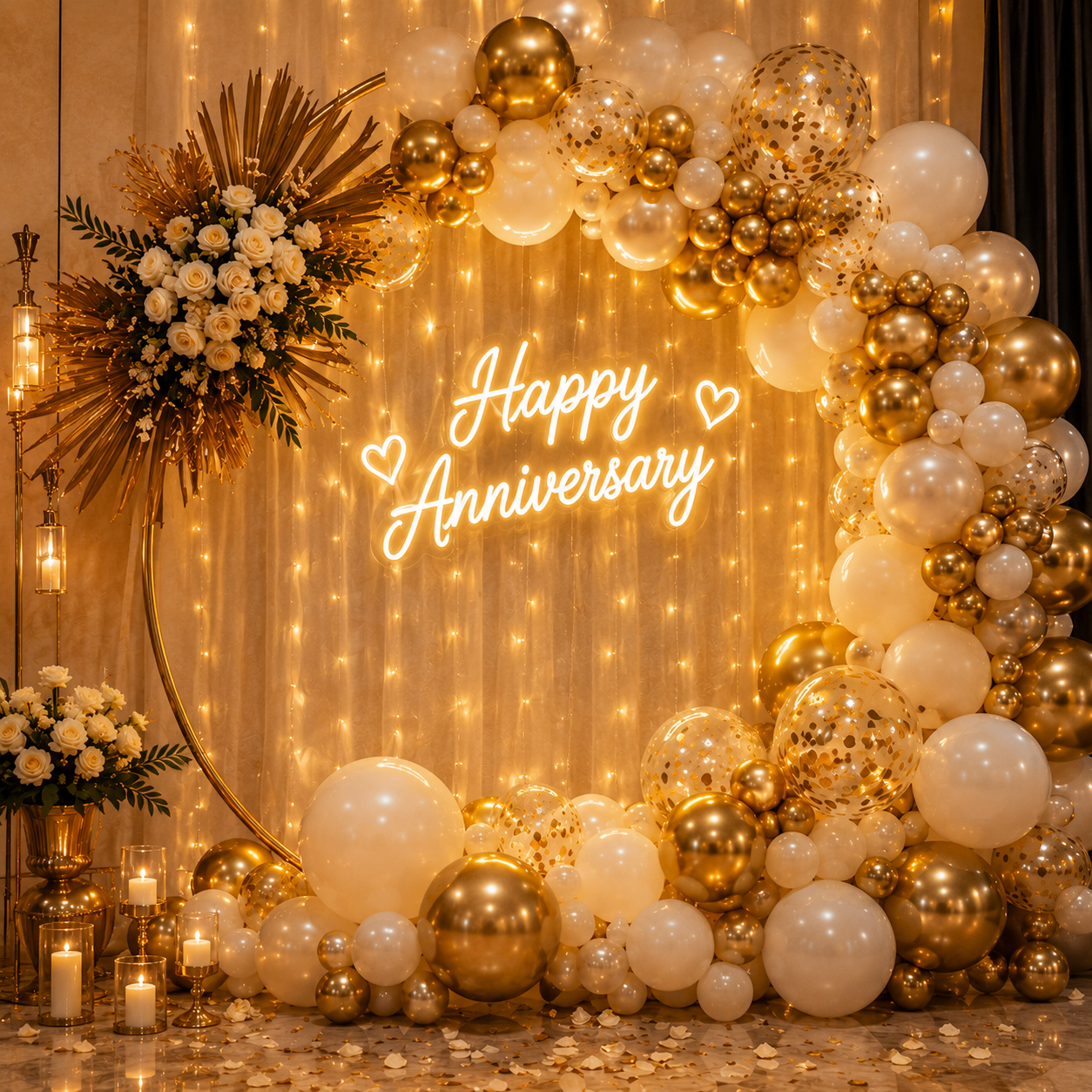 Gold and white anniversary balloon decoration Mumbai with photos